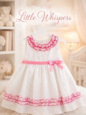NWT Bonnie Baby White Eyelet Dress Set Pink Ruffle Bow 18M 2PC
